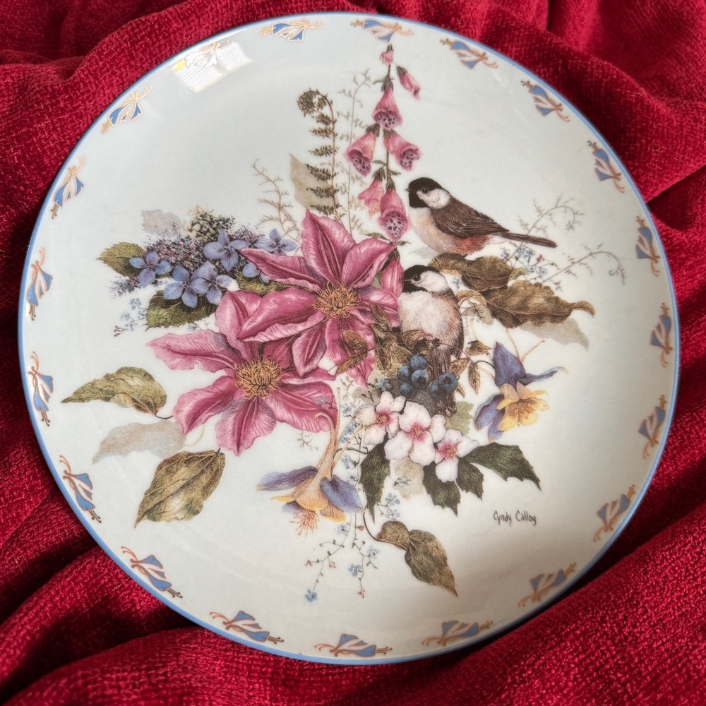 Cottagecore Vintage Bird Plate Pink Flowers Shabby Chic Wall Decor Plate